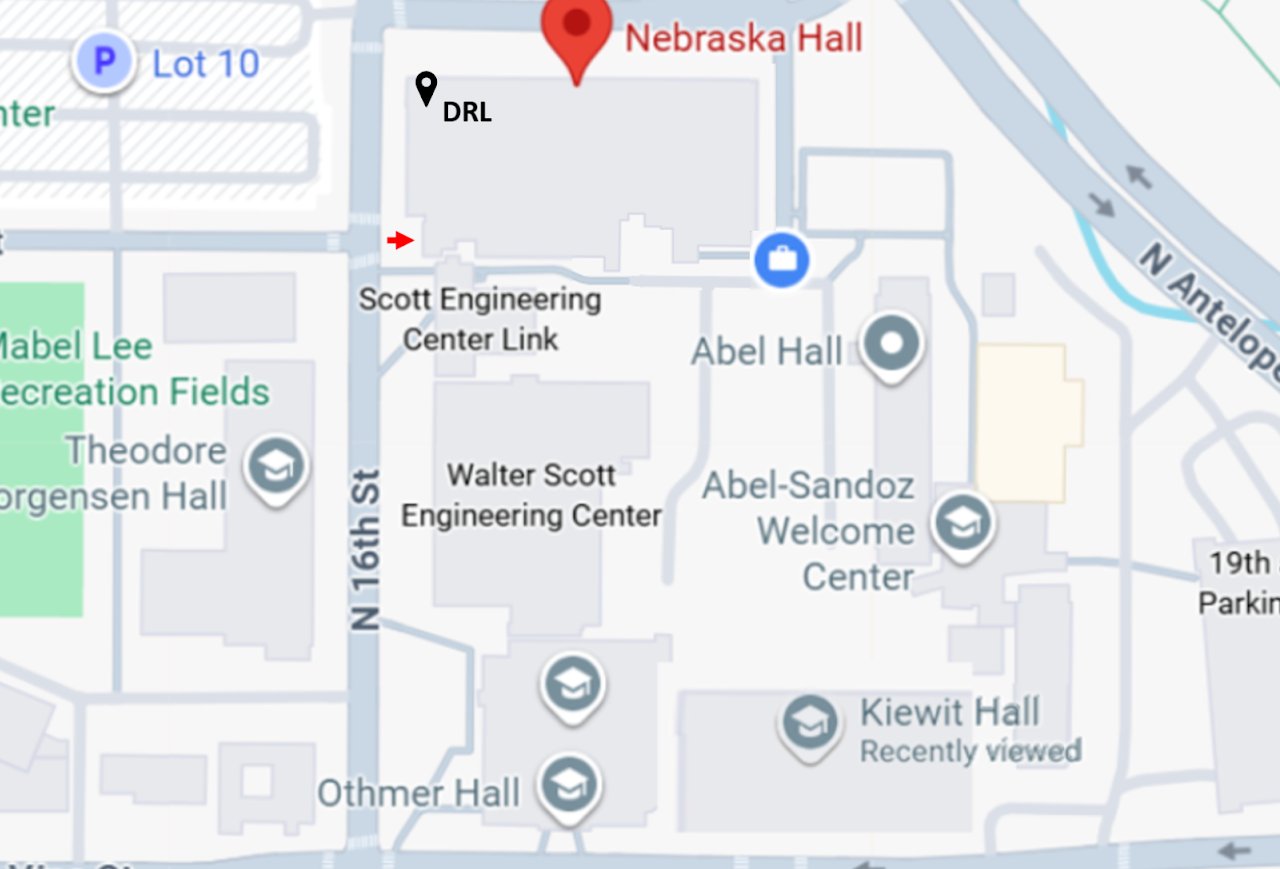 Campus map showing Nebraska Hall, the lab entrance, Lot 10, and the Scott Engineering Center